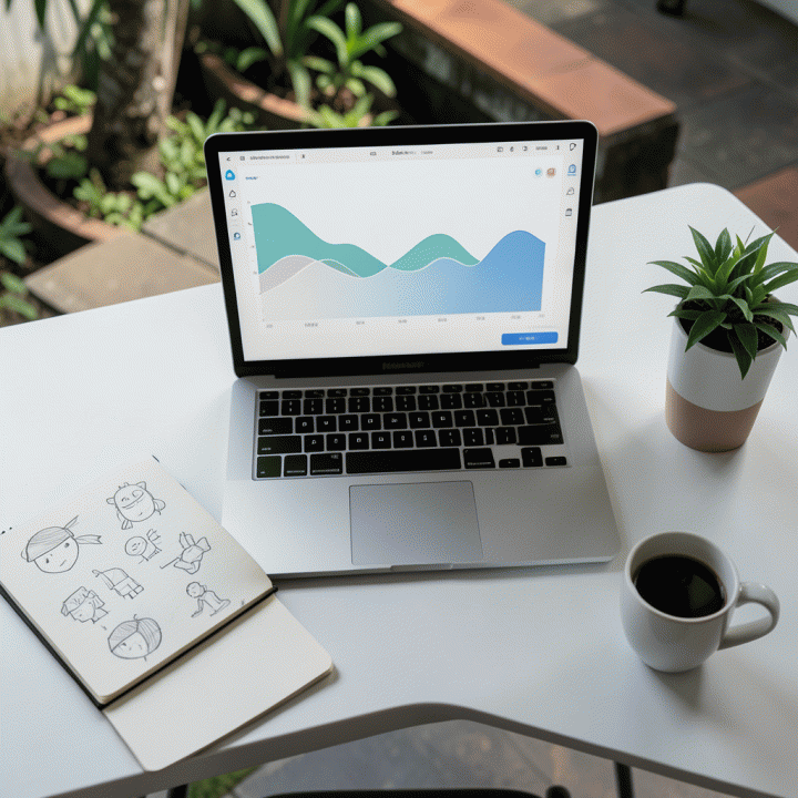 Tampilan atas meja kerja founder yang menggabungkan ide fisik (buku catatan) dengan bantuan visualisasi data AI di laptop.
