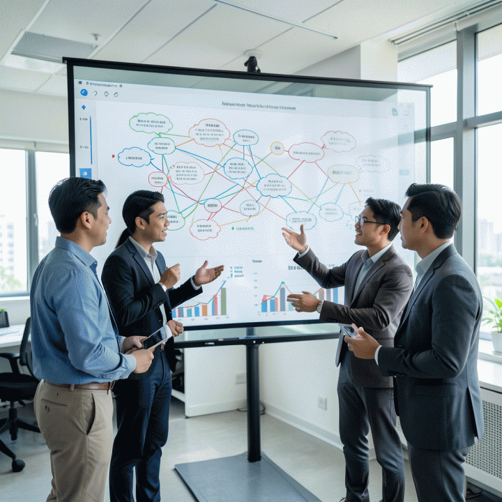 Tim profesional Indonesia berdiskusi di depan layar interaktif, menganalisis tren pasar dan menyusun strategi bisnis digital.