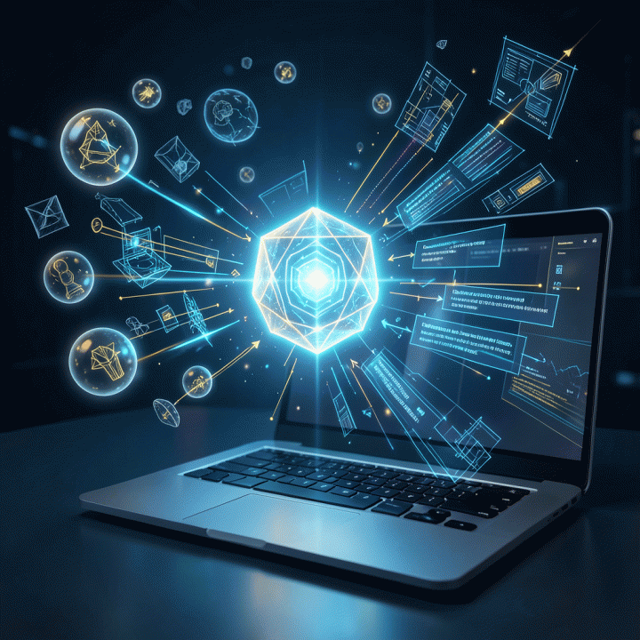 Visualisasi abstrak yang menunjukkan ide-ide mentah masuk ke dalam inti AI, dan keluar sebagai rencana bisnis digital yang terstruktur dan siap dieksekusi.