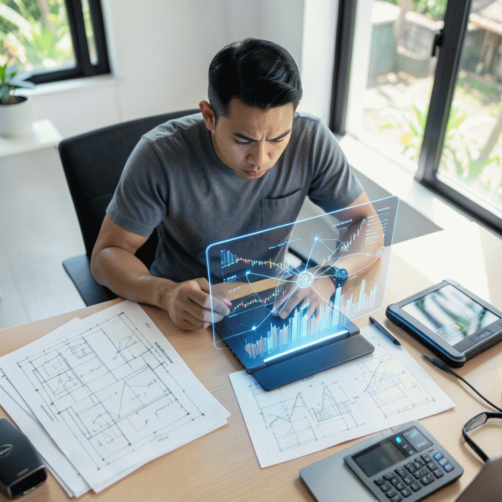 Seorang founder muda Indonesia di ruang kerja modern, berinteraksi dengan proyeksi holografik AI yang menampilkan grafik bisnis kompleks, melambangkan proses mengubah ide menjadi rencana bisnis digital.