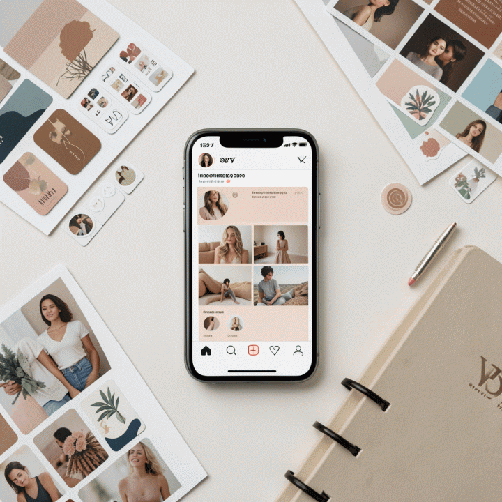 Tampilan datar (flat lay) overhead yang sangat estetik dari meja kerja seorang content creator profesional, menampilkan mockup profil Instagram yang konsisten secara visual, dikelilingi oleh aset stiker digital dan mood board yang tertata rapi.