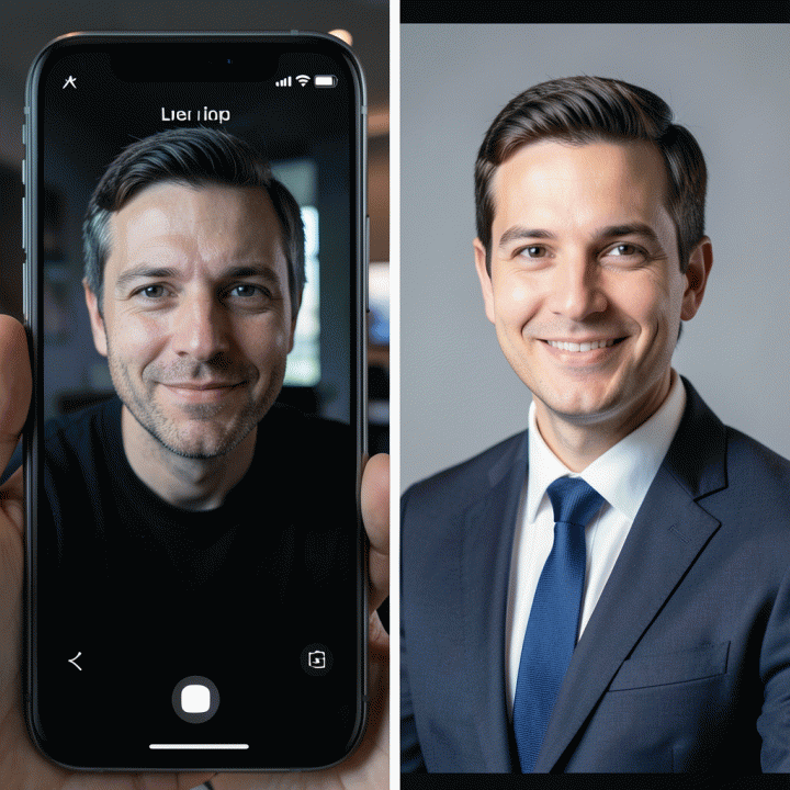 Perbandingan foto: selfie kasual versus foto profil profesional standar CV di layar ponsel.