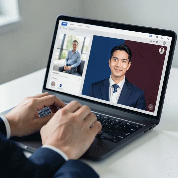 Tangan profesional yang menggunakan alat AI di laptop untuk mengubah foto biasa menjadi foto CV yang sempurna.