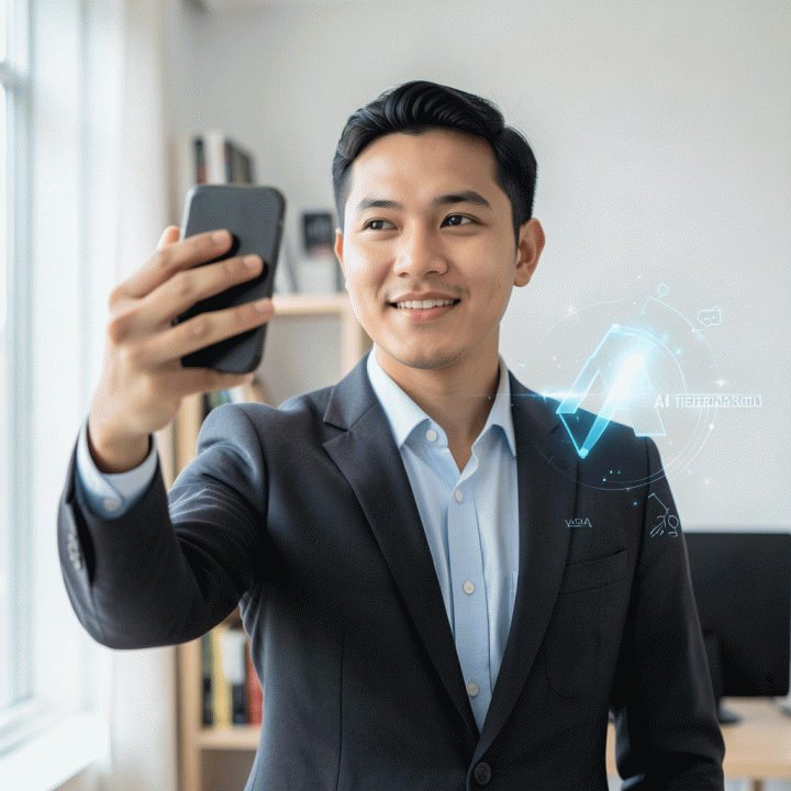 Foto selfie profesional seorang pria muda Indonesia di kantor modern yang di-upgrade secara digital menjadi potret bergaya korporat.