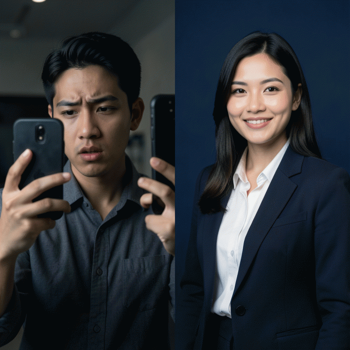 Perbandingan foto selfie biasa di sebelah kiri dan foto profil LinkedIn profesional menggunakan AI di sebelah kanan.