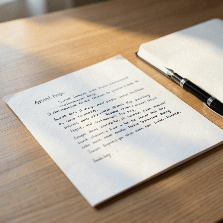 Tampilan close-up photorealistic surat lamaran kerja yang ditulis tangan dengan rapi di atas meja kayu, di samping pena dan buku catatan profesional.