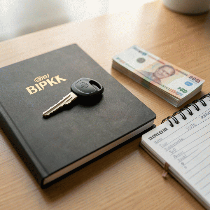 Gambar close-up yang menunjukkan kunci motor dan buku BPKB diletakkan di atas meja kayu bersama uang tunai Rupiah, melambangkan transaksi gadai kendaraan bermotor yang aman.