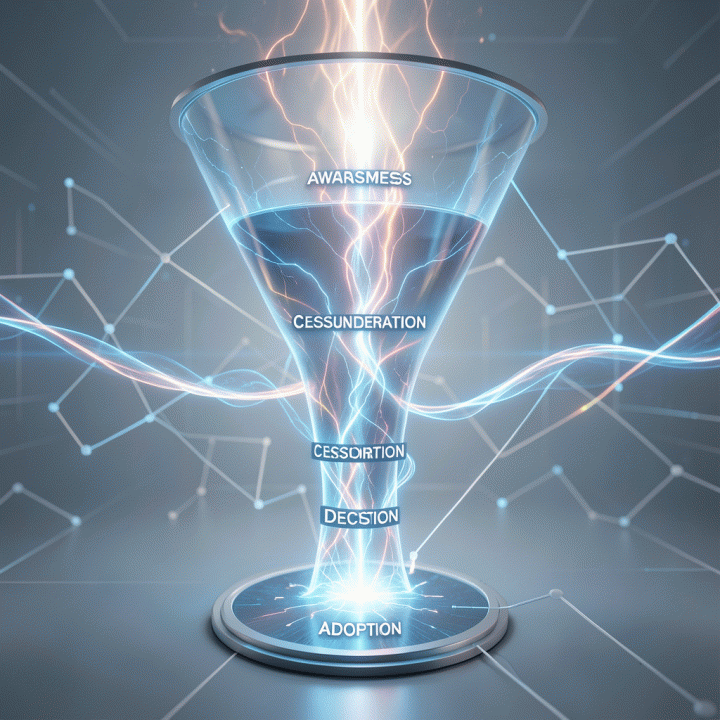 Visualisasi funnel pemasaran yang canggih dan futuristik, menunjukkan aliran energi pelanggan dari kesadaran hingga adopsi.