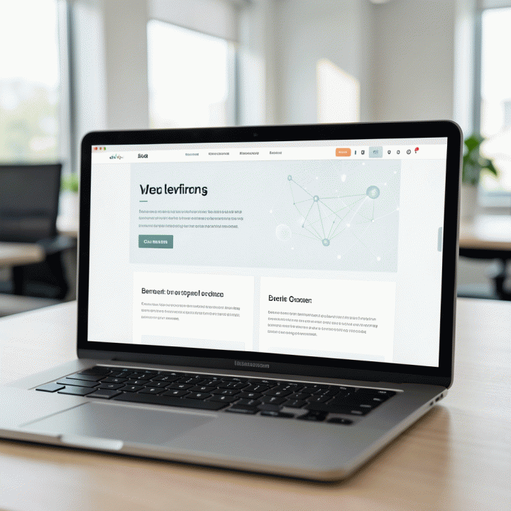 Tampilan antarmuka landing page yang bersih dan profesional di laptop, menunjukkan proses pembuatan yang cepat dengan bantuan AI.