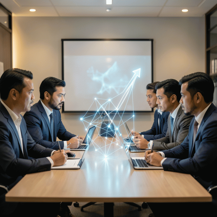 Tim profesional Indonesia berdiskusi di sekitar visualisasi data holografik yang menunjukkan peningkatan pertumbuhan dan validasi pasar, melambangkan pengurangan risiko investasi.