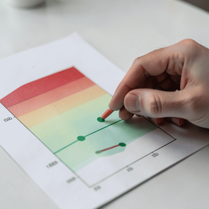 Pandangan dekat pada tangan yang melacak kemajuan pengurangan utang pada grafik visualisasi sederhana yang menunjukkan penurunan saldo secara stabil dan terukur.