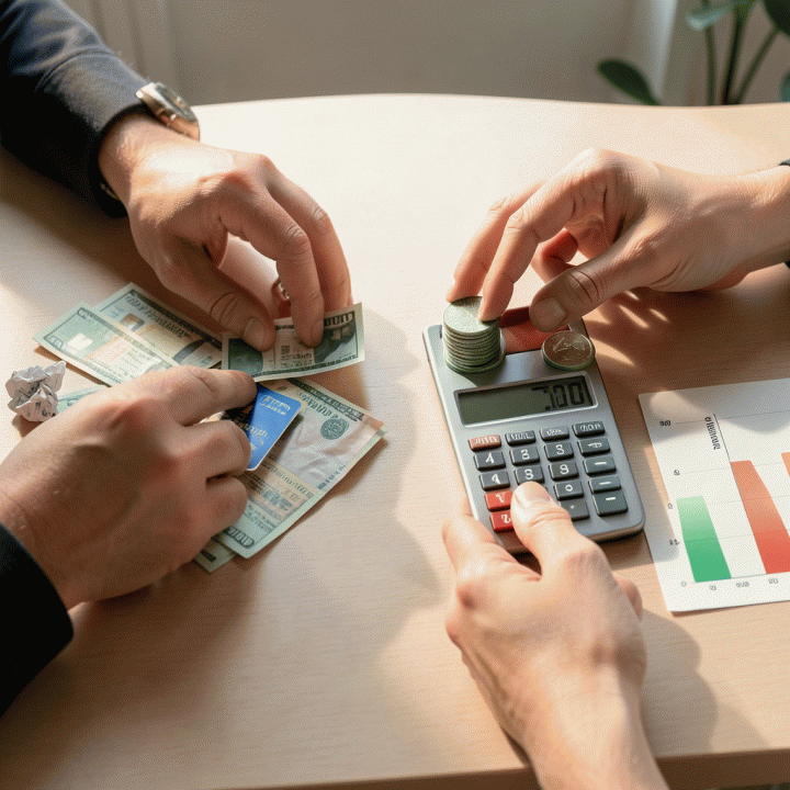 Tangan yang sedang merapikan dan menyusun objek finansial di atas meja: dari tumpukan tagihan berantakan menjadi susunan uang koin hijau yang terorganisir dan grafik kemajuan sederhana, menunjukkan kendali keuangan.