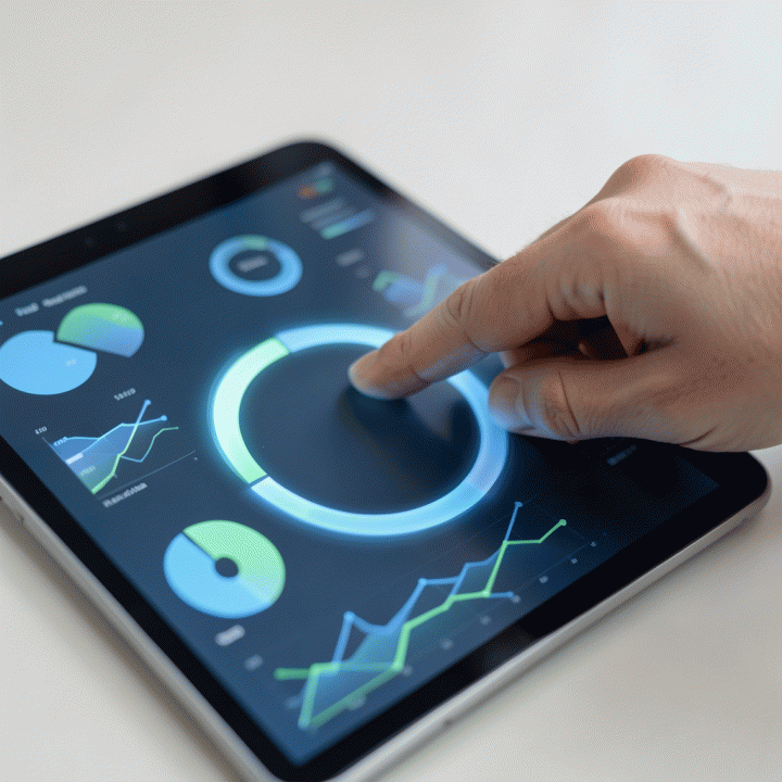 Tangan seseorang menyentuh layar tablet yang menampilkan dasbor keuangan abstrak dengan grafik dan diagram tanpa teks.