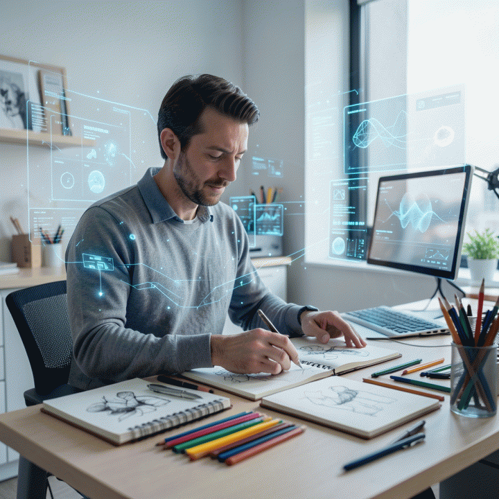 Seorang desainer grafis profesional berinteraksi dengan antarmuka digital bercahaya (AI) di studio modern, melambangkan kolaborasi antara kreativitas manusia dan teknologi kecerdasan buatan dalam membuat aset visual.