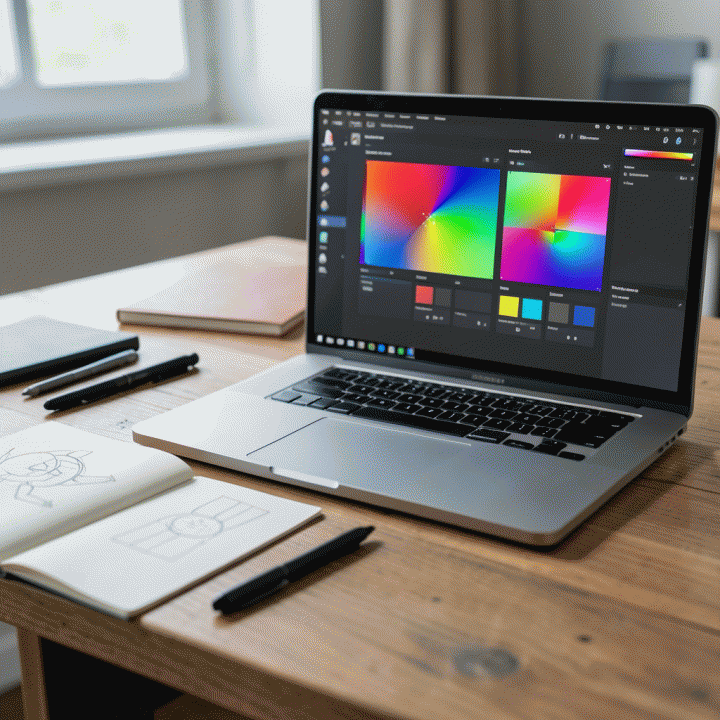 Meja kerja kreatif yang memadukan alat seni fisik (pensil, buku sketsa) dengan antarmuka AI minimalis di laptop, menggambarkan aliran kerja desain modern.
