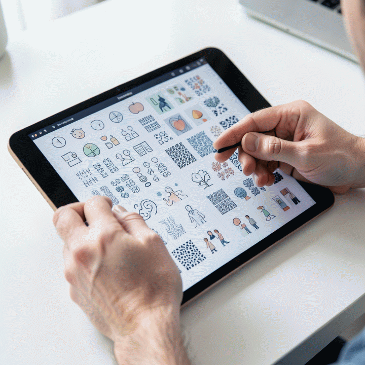 Tangan yang menggunakan tablet untuk menghasilkan berbagai aset visual (ikon, pola, ilustrasi) dalam volume besar dan konsisten dengan bantuan alat AI.