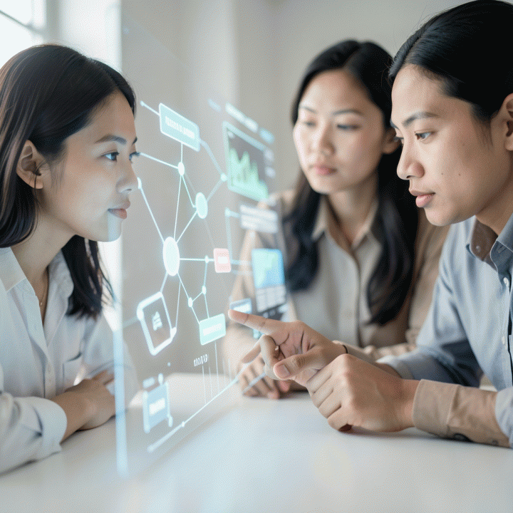 Guru dan orang tua berkolaborasi melihat antarmuka digital abstrak yang menunjukkan penyusunan materi ajar yang personal dan modular.
