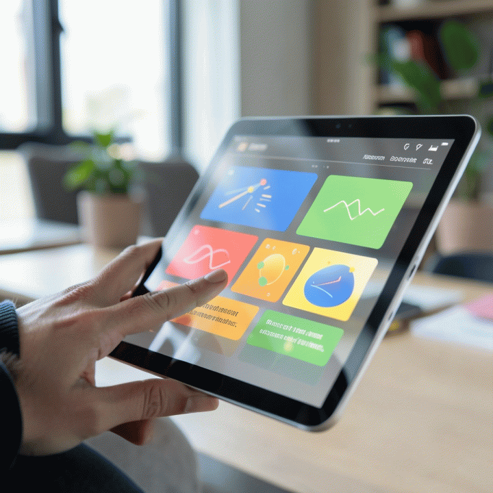 Tangan yang berinteraksi dengan tablet digital yang menampilkan modul pembelajaran yang dipersonalisasi dan terstruktur, menunjukkan kemudahan penyusunan materi ajar dengan AI.