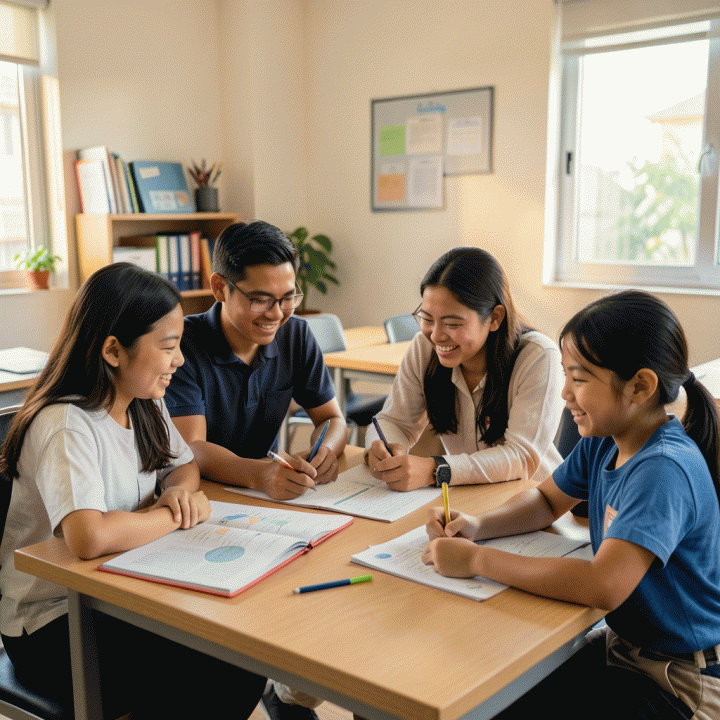 Kelompok siswa Indonesia berinteraksi secara kolaboratif dalam kelas modern yang cerah, melambangkan semangat belajar dan solusi atas tantangan pendidikan.