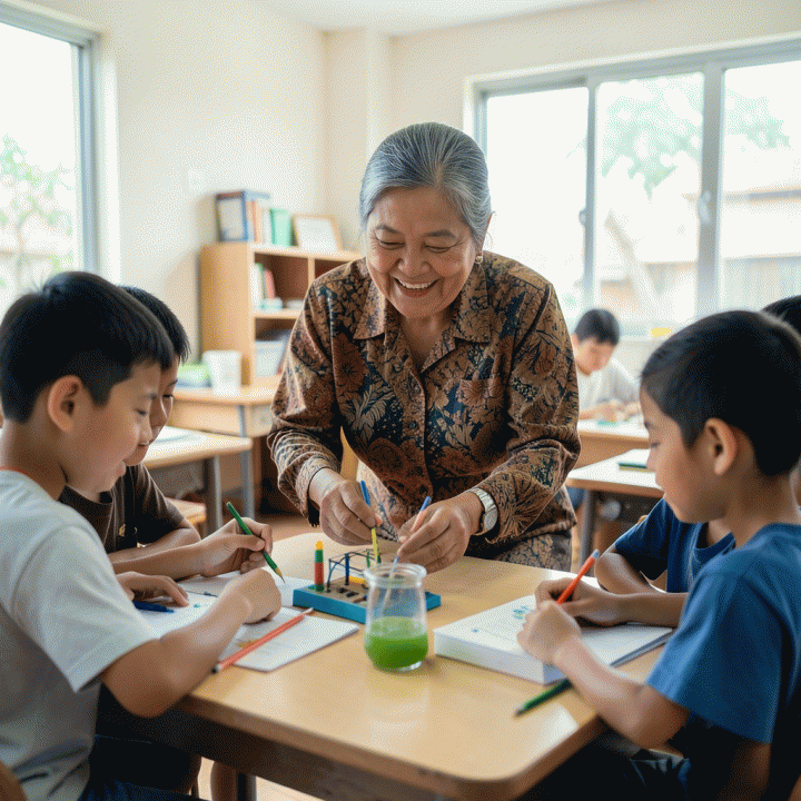 Seorang guru Indonesia yang antusias memandu siswa dalam kegiatan belajar interaktif di kelas yang cerah, melambangkan kualitas pengajaran yang efektif.