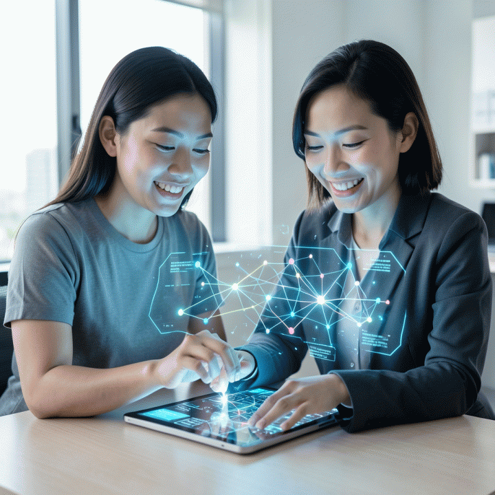 Seorang profesional muda Asia Tenggara menggunakan perangkat digital futuristik di ruang kerja modern, menggambarkan proses transformasi ide menjadi konten viral dan strategis dengan bantuan AI.
