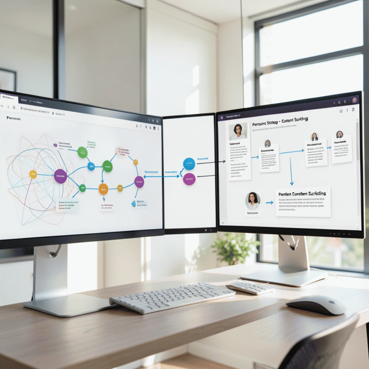 Visualisasi alur kerja AI yang menunjukkan bagaimana data persona diubah menjadi strategi konten dan naskah secara otomatis dalam lingkungan kantor modern yang efisien.
