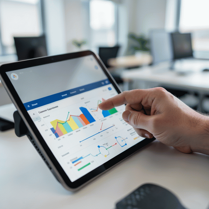 Tangan profesional menggunakan tablet untuk membandingkan data pasar dan mengidentifikasi celah kompetitor dalam dashboard analitik yang bersih.