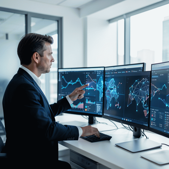 Seorang ahli strategi pemasaran digital yang profesional sedang menganalisis data kompleks dan tren pasar di monitor canggih, menemukan insight kunci untuk menentukan strategi copywriting iklan pemenang.