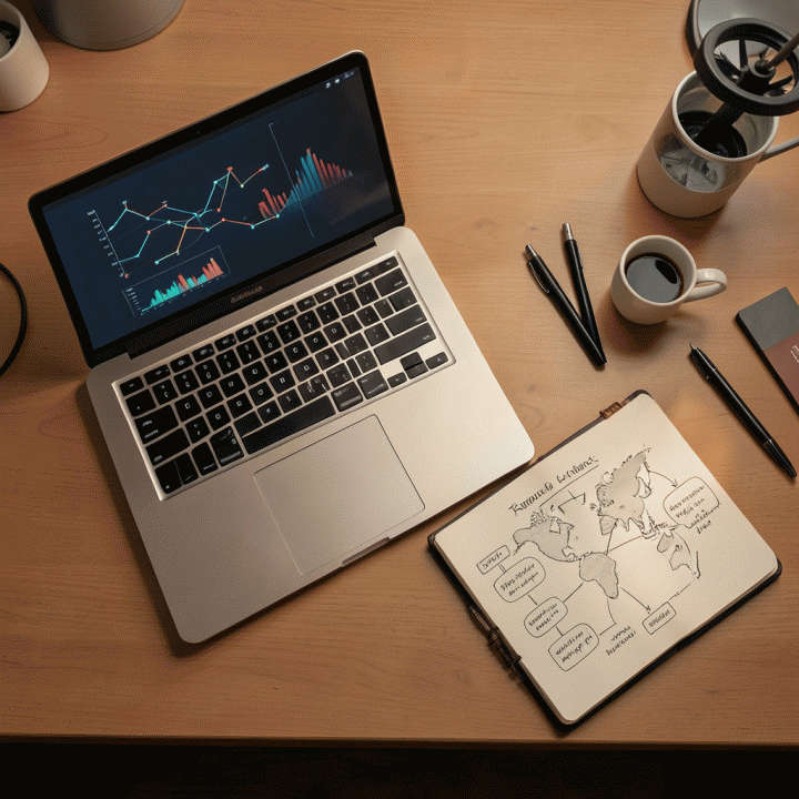 Tata letak meja kerja modern yang menampilkan proses transformasi data pasar mentah menjadi strategi copywriting yang terstruktur dan siap pakai.