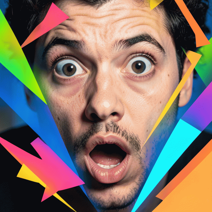 Detail elemen visual penting dalam desain thumbnail seperti ekspresi wajah berlebihan, bentuk geometris, dan kontras warna yang kuat.