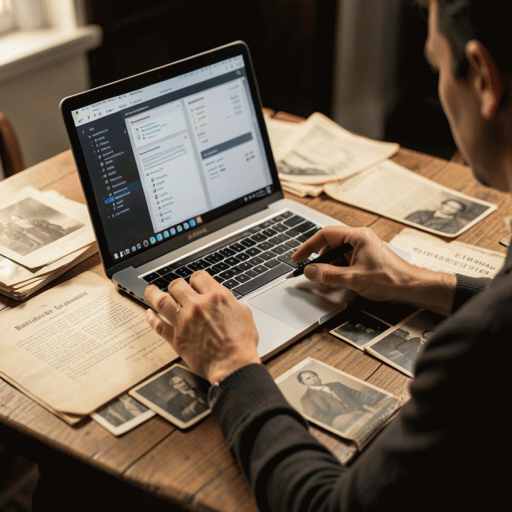 A person organizing family genealogy research by combining physical historical documents and digital data on a laptop, illustrating the process of structuring family history.