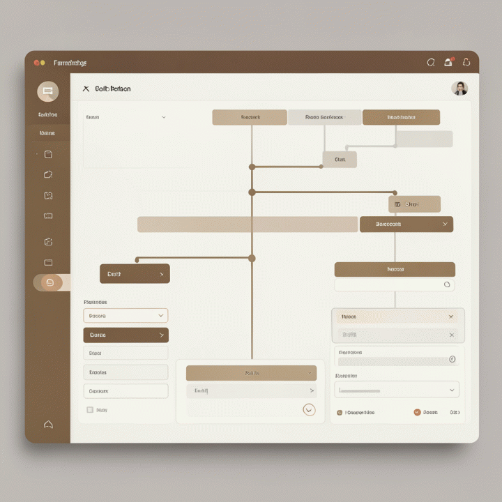 Abstract digital dashboard interface showing a structured, organized family tree visualization, emphasizing digital organization and structure.
