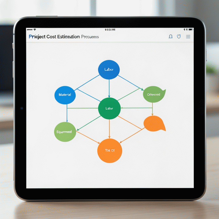 Diagram konseptual estimasi biaya proyek di layar digital, menunjukkan keterkaitan berbagai komponen biaya menjadi satu total yang terukur.