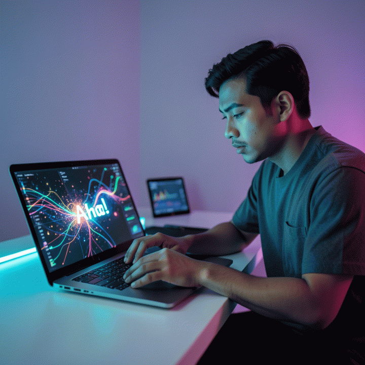 Seorang content creator muda Indonesia di meja kerja modern, tampak fokus pada laptop yang menampilkan visual abstrak ide kreatif yang membara, melambangkan teknik membuat hook yang menarik.
