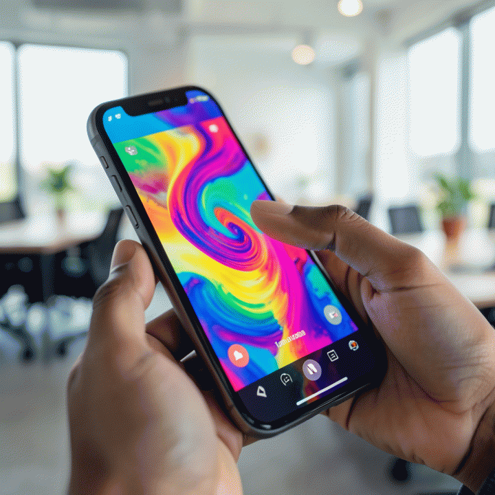 Tangan seseorang yang menghentikan gerakan scrolling di ponsel, menunjukkan daya tarik visual konten video yang sukses dan memikat.