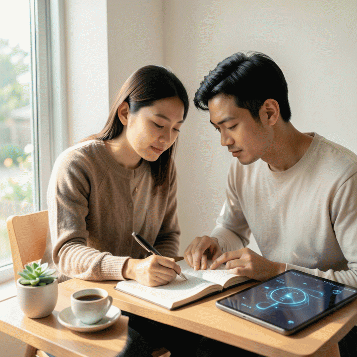 Seseorang yang sedang menulis jurnal di sudut yang tenang dan minimalis, menciptakan suasana refleksi diri dan fokus pada pemikiran terstruktur.