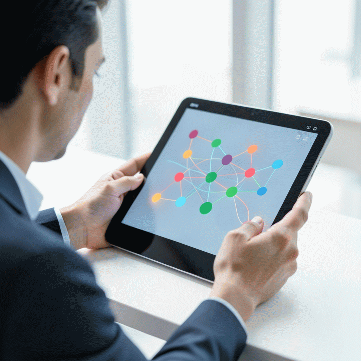 Interaksi dengan antarmuka AI yang abstrak di tablet, menunjukkan proses pemilahan dan penataan pikiran yang berantakan menjadi terstruktur.
