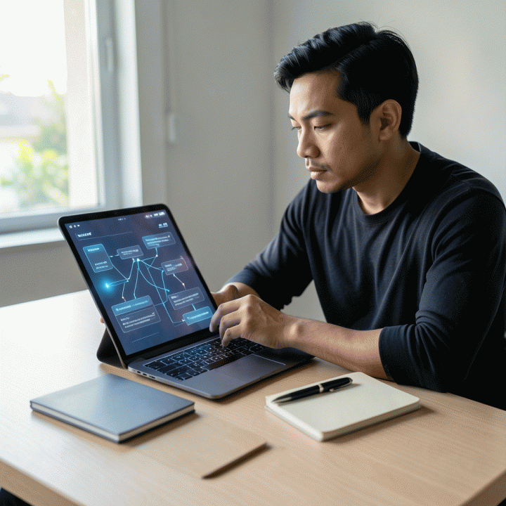 Seorang profesional sedang merefleksikan pikiran yang berantakan menjadi catatan terstruktur menggunakan antarmuka jurnal digital yang bercahaya, melambangkan kejernihan dan organisasi ide.