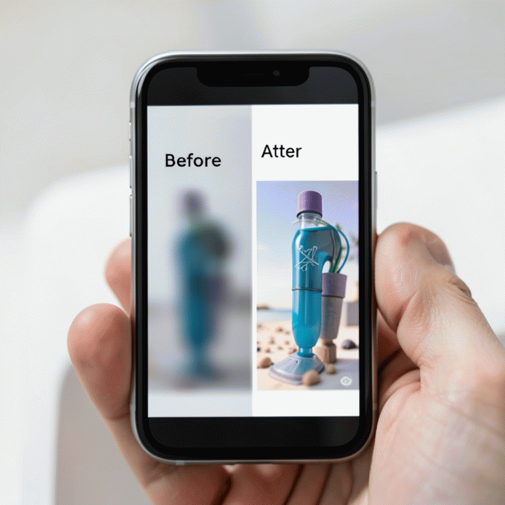 Perbandingan foto produk sebelum dan sesudah kompresi/optimasi kualitas menggunakan AI, menunjukkan peningkatan ketajaman dan resolusi.