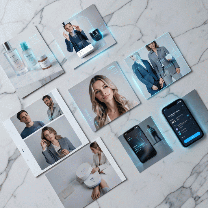 Komposisi flat lay foto produk e-commerce yang sedang dioptimalkan secara digital, menunjukkan peningkatan kualitas dan efisiensi file.