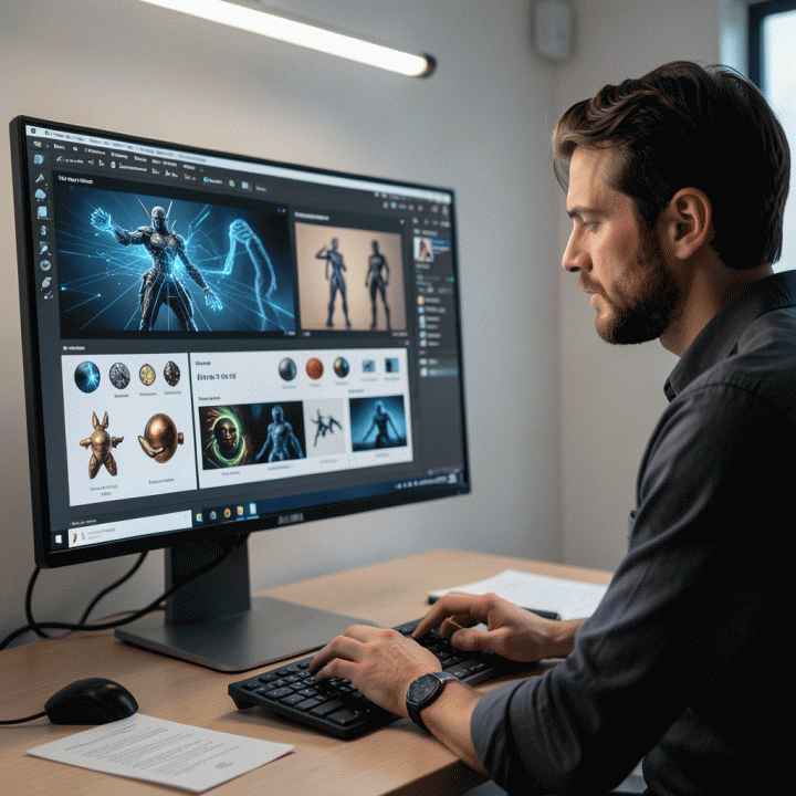 Digital artist creating a consistent set of cohesive AI-generated images on a monitor, illustrating the process of visual consistency.