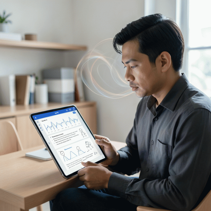 Seorang profesional Indonesia menggunakan tablet digital untuk mengubah aliran pikiran yang berantakan menjadi jurnal terstruktur yang rapi dan terorganisir.
