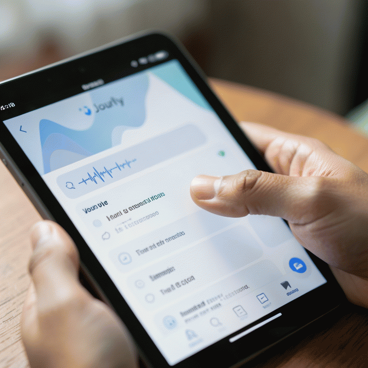 Tangan pengguna berinteraksi dengan antarmuka jurnal digital yang menampilkan tiga mode input: suara, teks, dan gambar, menunjukkan kemudahan menangkap ide.