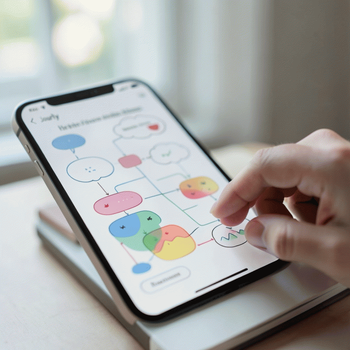 Tangan berinteraksi dengan antarmuka jurnal digital yang abstrak, menampilkan visualisasi pikiran yang terorganisir dan tenang.