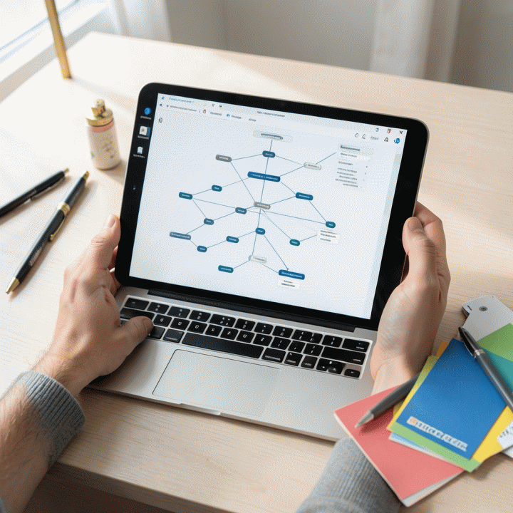 Tampilan di layar tablet menunjukkan diagram silsilah keluarga digital yang rumit dan terstruktur, dipadukan dengan alat bantu pengorganisasian fisik modern.