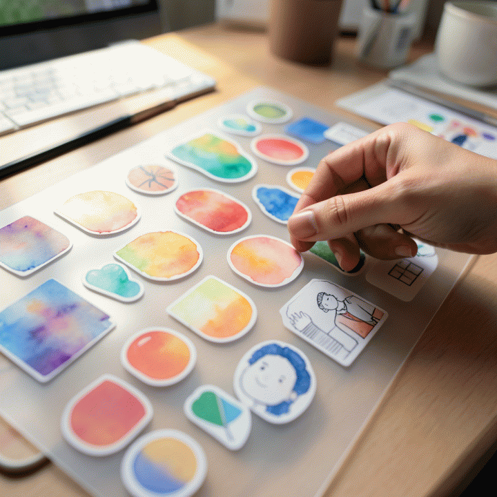 Tangan seorang desainer sedang menata berbagai elemen stiker digital premium yang berwarna-warni dan menarik di atas kanvas digital, melambangkan proses storytelling visual yang kreatif.