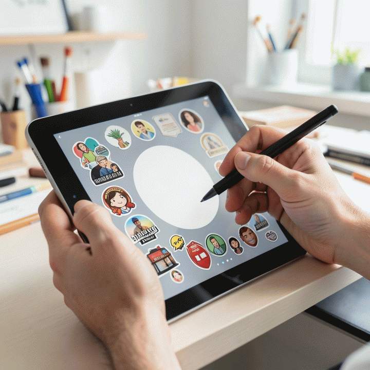 Tangan menggunakan stylus pada tablet, menambahkan stiker digital ke kanvas desain untuk memperkuat narasi visual.