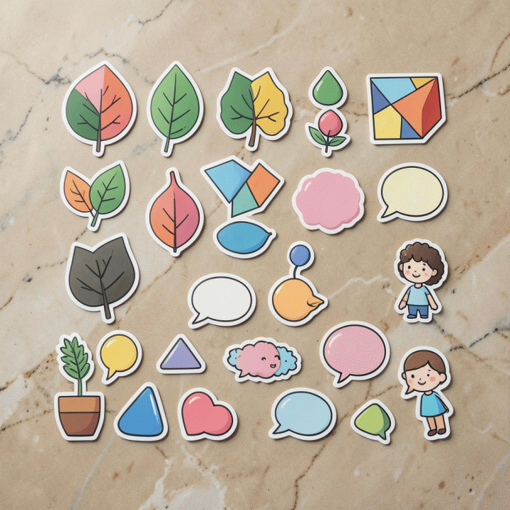 Tampilan atas (flat lay) berbagai macam aset stiker digital premium yang rapi dan berwarna-warni, siap digunakan untuk dekorasi desain grafis.