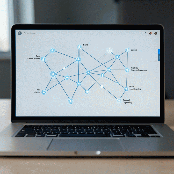 Visualisasi peta perjalanan karir di layar laptop, menunjukkan koneksi dan peluang yang teridentifikasi secara strategis.