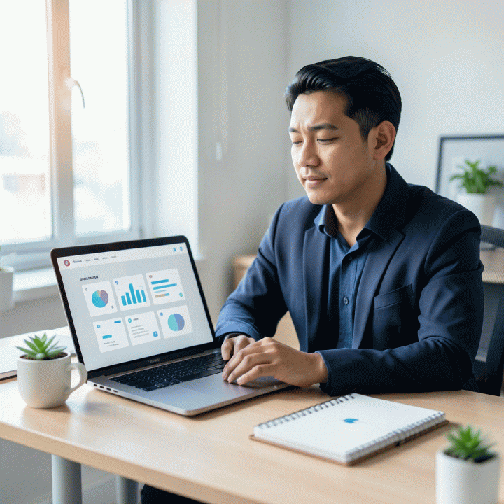 Seorang profesional muda Indonesia bekerja di meja kerja yang rapi, menggunakan laptop dengan dashboard manajemen proyek karir, melambangkan pengelolaan prospek kerja yang terstruktur.